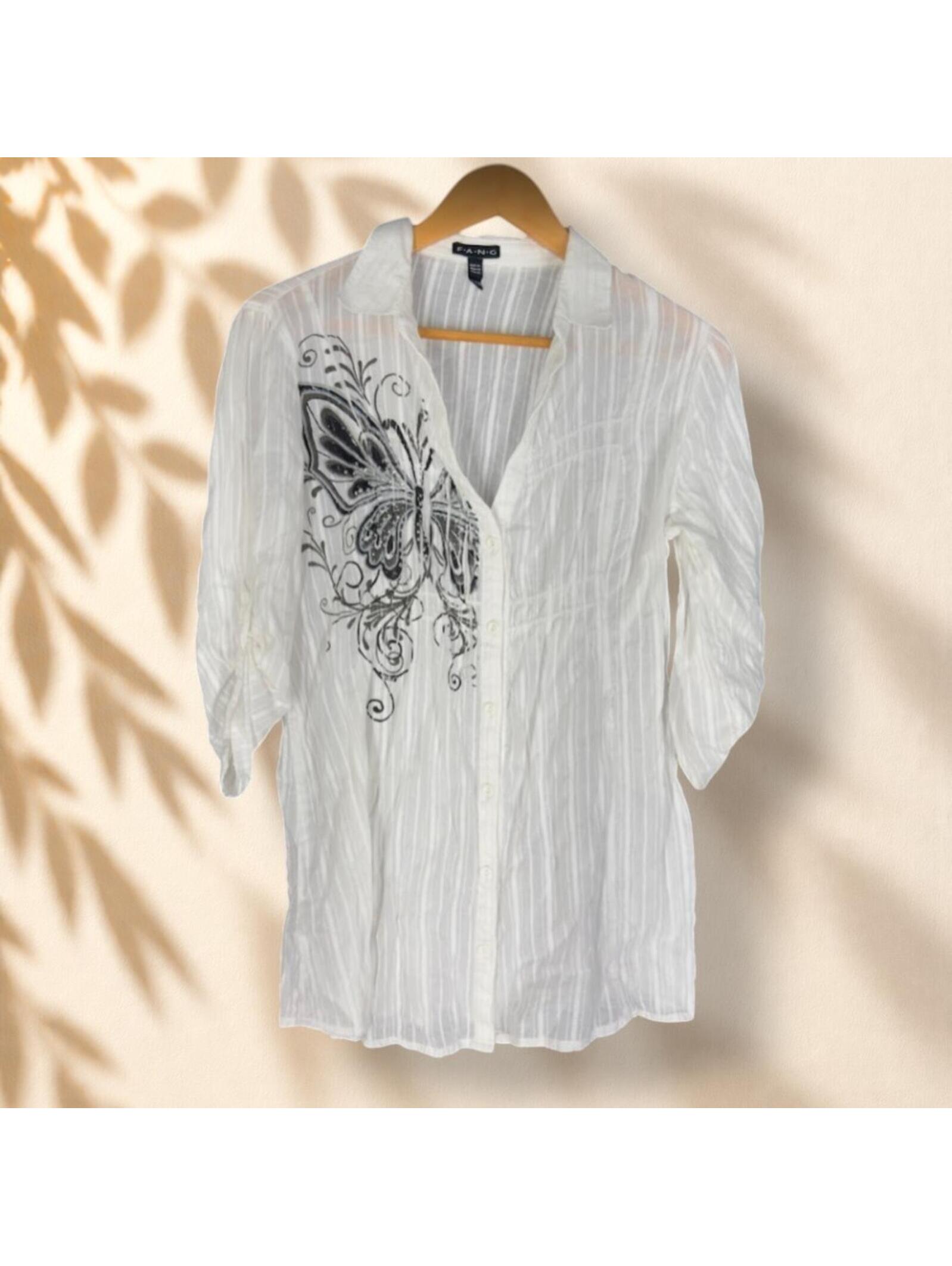 Fang Shirt Women Xl White Striped Button Up Collared 3/4 Sleeve Cotton Casual